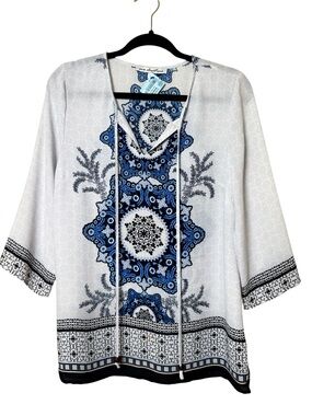 Ava Christine Small White Tunic with Blue Medallion Print and Tie Neck